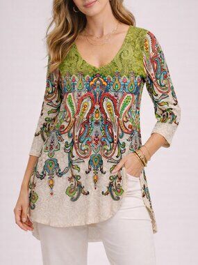 Amma Design M Boho Paisley Tunic Top Made USA 3/4 Sleeve V Neck Swing Blouse